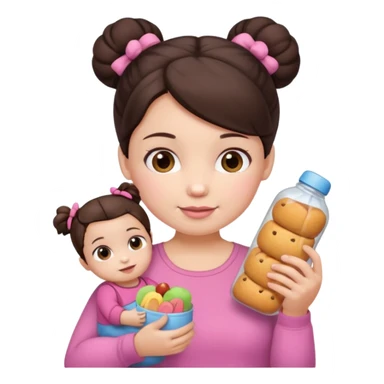 Cute small Toddler emoji with two small buns dark brown hair, fair skin, in pink top, holding toddler snacks & doll sticker