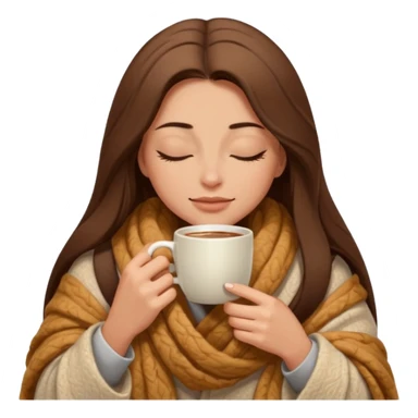 long brown hair woman closed eyes hiding under a cozy wool beige blanket, holding cup of coffee, autumn mood sticker