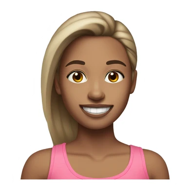 Girl with pink tank top and lighter skin straight brown hair with light blonde highlights with makeup smiling and long hair sticker
