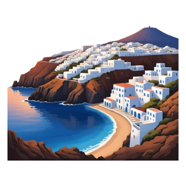 Cinematic Realistic Santorini Caldera Landmark Emoji, featuring white-washed buildings perched on volcanic cliffs, overlooking the deep blue Aegean Sea, with warm sunset hues illuminating the sky and reflecting off the water. sticker