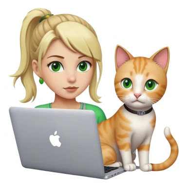 Blonde girl ponytail green eyes with apple MacBook and a cat sticker