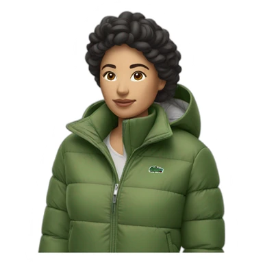 latina woman using Lacoste puffer jacket sticker