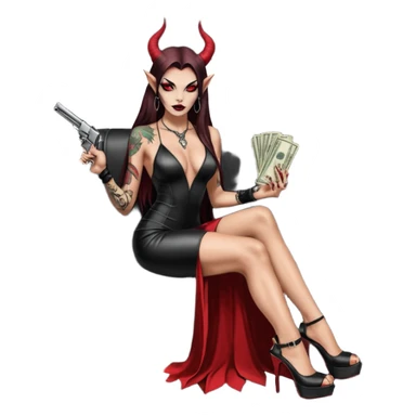 Lilith model red eye sexy black  devil horns.  long brown haired sexy succubus woman with leather long dress slit, sitting in limo. Wearing Black Platform high heels on feet. Tattoo sleeve arms, she has stacks of cash and a man dead human skull is on top of stack of cash and a gun in  hand sticker