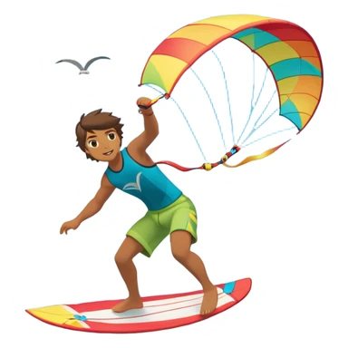 A kite surfer soaring above the waves, holding onto a kite with the wind in full force. The background showcases the ocean and sky, emphasizing the freedom, thrill, and energy of the sport. The motion of the kite and board is dynamic, capturing the excitement of kiting. sticker