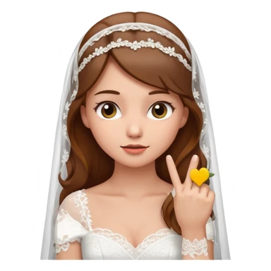 brown-haired bride in a white wedding dress and veil, curious expression, pointing to her head with her index finger, cute emoji style. sticker