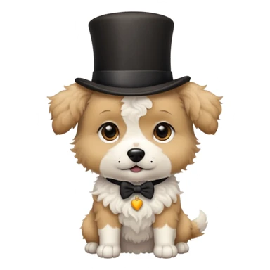 cute small tan and white dog with black nose, black round eyes, curly fluffy medium length hair, wearing a top hat sticker