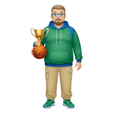 full body white obese male basketball coach with trophy. Goatee , Wearing glasses and blue and green hoodie and khaki pants sticker