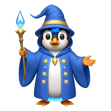 penguin wizard casting a spell with sparkles and a blue robe, emoji style sticker