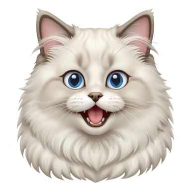 cinematic-adorable-big-eyed-fluffy-ragdoll-cat-portrait-emoji,-head-tilted-playfully-with-a-cute,-yawn,-white and grey fur,-simplified-yet-irresistibly-cute-features, blue eyes sticker