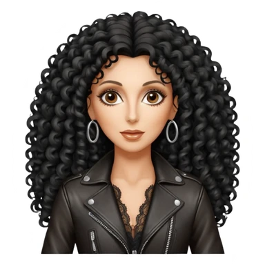 realistic cinematic singer Cher in a typical rocker's attractive outfit with leather and lace, half-naked, huge curly hair like in the video If I Could Turn Back Time sticker