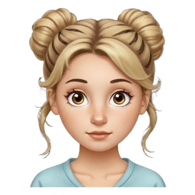 creative women with long dark Blond with highlights semi curly hair white women with hair in a messy bun, oval shape face hazel eyes long lashes freckles on the nose high cheek bones sticker