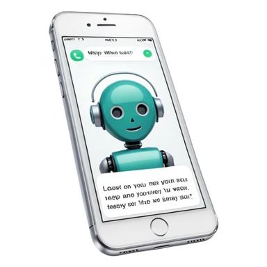 iPhone with WhatsApp chat screen showing a conversation with a robot or AI chatbot sticker