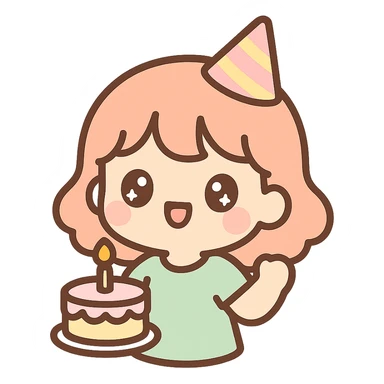 happy party girl, kawaii style, sparkling eyes, birthday cake sticker
