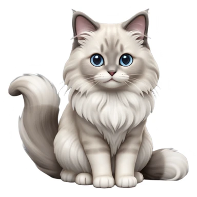 cinematic-[Ragdoll cat]-realistic-full-body-sitting-emoji,-tail-curled-playfully-around-its-paws,-head-tilted-dramatically,-fluffy-[grey ragdoll cat]-fur,-simplified-yet-realistic-focused-features,-highly-detailed,-glowing-with-an-almost-sarcastic-glow sticker