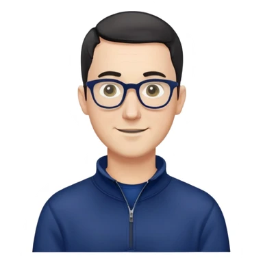 Caucasian man with very short black hair (close-cropped buzz cut), short beard with gray streaks, large black eyeglasses, cheerful expression, navy blue long sleeve sweatshirt with quarter zip sticker