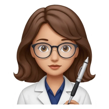 young women pharmacist studying science, wavy hair, with a pen and glasses sticker