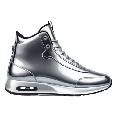 A pair of futuristic sneakers emoji made of silver chrome, sleek streetwear design, smooth metallic panels, subtle reflections, luxury swag aesthetic, iOS emoji style, centered, clean white background sticker