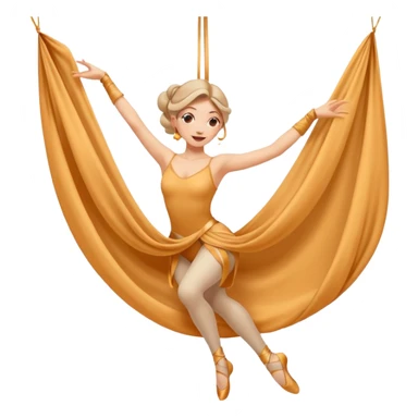 Emoji estilo ilustración de una mujer practicando danza aérea en tela, colgada en telas de seda, expresión feliz, estilo emoji moderno, colores suaves, fondo simple sticker