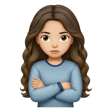Hispanic light tan girl with long dark wavy hair with arms folded while pouting. Wearing a long sleeve. Hair with middle part. sticker
