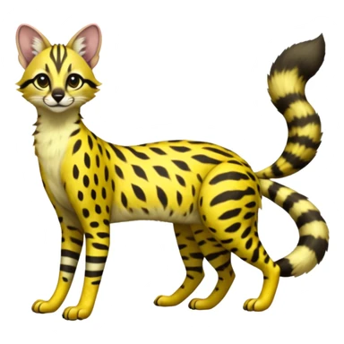 Lanky slender beautiful elegant spotted hype-realistic, black-maned, vibrant yellow Genet-Serval-Cacomistle-Civet-fusion-hybrid-furry-fursona, full body, with a long puffy fluffy black-and-white-striped tail sticker