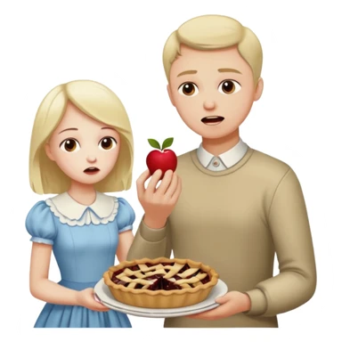 Sad man eats a pie. While his sister throws his dress on the apple sticker