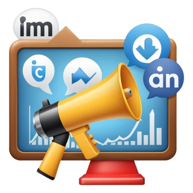 An icon featuring a megaphone, a billboard, and social media icons, symbolizing advertising and public relations. The design includes a press release and a rising graph, representing brand promotion and communication strategies. Transparent background highlights media influence and outreach. sticker