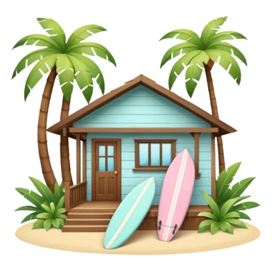 Hawaiian bungalow house, pastel colors, wooden porch, surfboard leaning on wall, palm leaves, tropical vibe, cute mobile game icon style, 3D cartoon, clean background, no text
 sticker