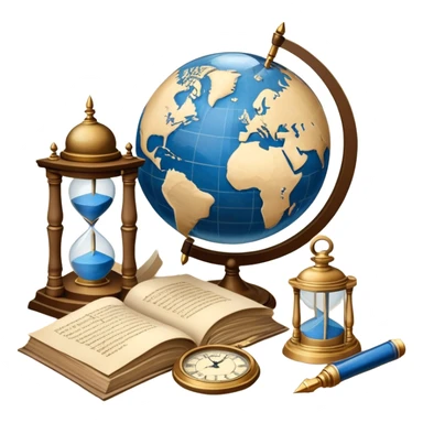 An icon featuring ancient scrolls, a quill pen, and large, old-fashioned sand clocks, symbolizing the study of history. The design includes a globe and a timeline with significant historical events, set against ruins to evoke past civilizations. Transparent background highlights the passage of time. sticker