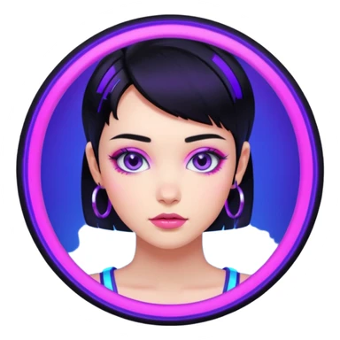Emoji estilo anime cyberpunk: garota com cabelo curto preto, olhos roxos expressivos, expressão confiante, argolas grandes, pele iluminada por neon azul e rosa, visual moderno e vibrante, cores fortes e estilo futurista simplificado. sticker