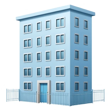 light blue rectangular 9-story apartment building surrounded by fence, closed courtyard, minimal flat vector icon, friendly clean design sticker