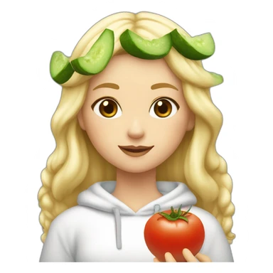 blonde girl  eating  cucumber and tomatoes with white hoodie iridescent and a crown princess sticker