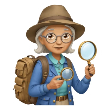 Explorer old woman with hat and magnifying glass and backpack, portrait sticker