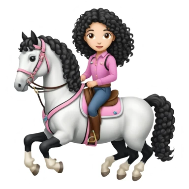 Realistic mixed race girl with long curly hair, riding a big black and white draft horse, wearing pink harness and saddle  sticker