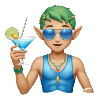 elf male in stylish blue swim trunks, palm extended over cocktail glass, conjuring swirling frost and mist to chill it, silver aviator sunglasses, pointy ears, confident smirk, minimalist beach bar backdrop, centered emoji, summer magic sticker