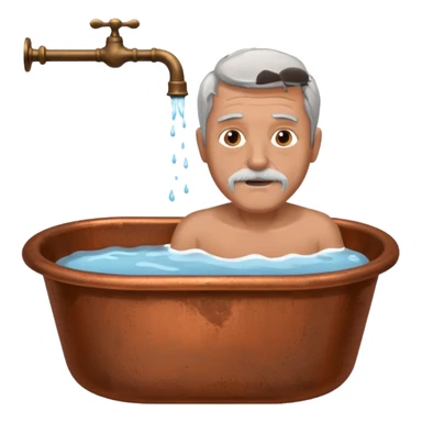 Man with grey hair and grey beard in old copper bath with water running from taps sticker