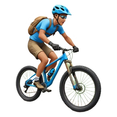 An icon featuring a mountain bike with thick tires on a rugged trail. The background showcases a breathtaking mountain landscape with green slopes, rocky peaks, and a bright blue sky. A cyclist in a helmet rides downhill, kicking up dust.  Transparent background emphasizes adventure and speed sticker