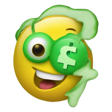 a yellow face with dollar signs for eyes and a green tongue sticking out with a dollar sign on it. sticker