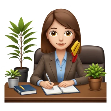 imagen de una mujer castaña en una oficina con escritorio, silla, notebook, agenda y una planta con un cartel que diga en español FUERA DE OFICINA sticker