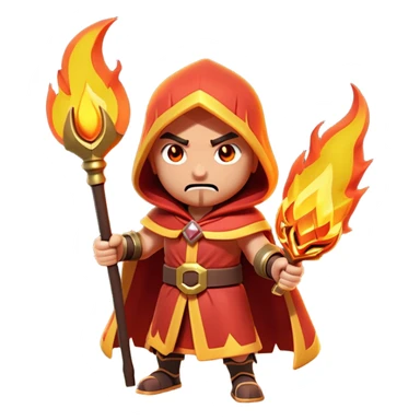 Clash of Clans aesthetic: Cinematic Ferocious Fire Mage Hero closeup Emoji, rendered in a 3D vector-style similar to standard emojis with minimal shading and bold, simplified shapes. A compact, isometric figure draped in flowing, charred and ember-lined robes, wielding a fiery staff crackling with intense flames. Eyes burning with an infernal glow, exuding raw, untamed power. Simplified yet unmistakably iconic, highly detailed and consistent, glowing with a fiery, molten radiance and high shine. Stylized with a touch of menacing sorcery and a searing, ember-infused outline, capturing the essence of a wrathful mage ready to unleash devastating fire magic! sticker