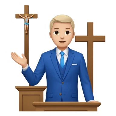 pastor with blue suits preaching in front of a pulpit with a cross behind him on the wall sticker