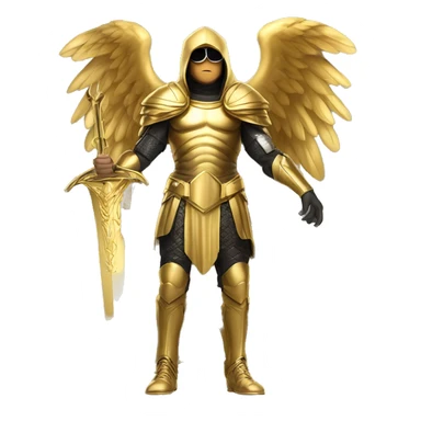 golden archangel, a guy of European appearance in black glasses, in full height, with golden wings and in golden armor, in his hand a golden sword, in a golden hood sticker