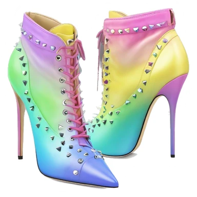 Realistic isolated top view of a pair of pastel rainbow spikey jimmy Choo stiletto high heel ankle bootie boots.  sticker