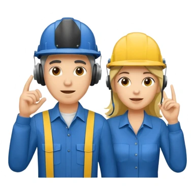 Um homem e uma mulher amarelos com capacete azul escuro e camisa social cinza. Um deles deve estar segurando um megafone  sticker
