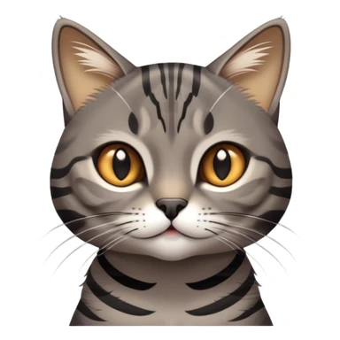cinematic-cute-grey-and-black-brown-tabby-cat-portrait-emoji,-head-tilted-playfully-and-inquisitively,-sleek-grey-brown-fur-with-bold-black-tabby-stripes-and-a-distinctive-m-shaped-marking-on-the-forehead,-sparkling-amber-eyes,-simplified sticker