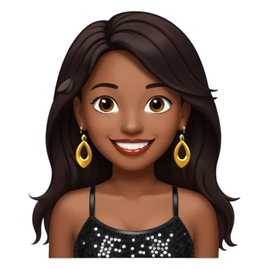 Chilli from TLC with long dark brown hair, black sequin crop top, black earring, dark skin sticker