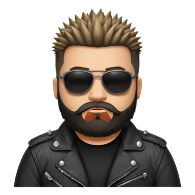 biker gang with black sunglass and rugged and fat guy bearded spicks hair black jacket sticker