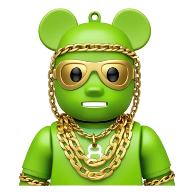 classic bearbrick figure with lime green mask covered in chaotic brand logos, wearing several large gold chains, gold pendant, rapper style accessories, expressive eyebrows sticker