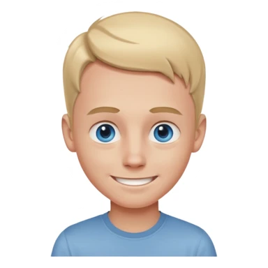 young blonde boy with blue eyes, big forehead, smiling, pale skin with slight red tint from tanning bed, wearing a grey button shirt sticker