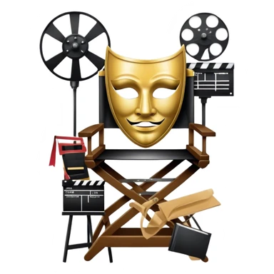 Icon for Acting: a theatrical mask, stage lights, a director’s chair, a script, a movie camera and a clapperboard, representing the craft of acting in theater and film. Famous actor-star. The design should reflect creativity, performance, and storytelling. Transparent background. sticker