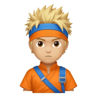 A blonde ninja boy with spiky hair, whisker marks on cheeks, orange outfit, and blue headband with metal plate sticker
